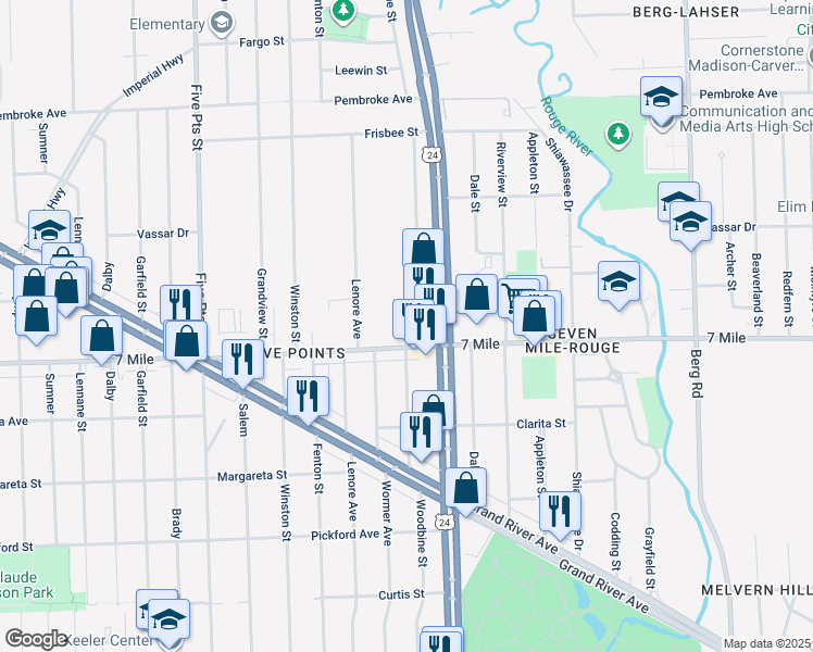 map of restaurants, bars, coffee shops, grocery stores, and more near 24270 West Seven Mile Road in Detroit