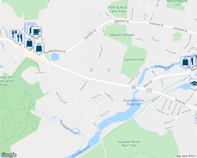 map of restaurants, bars, coffee shops, grocery stores, and more near 10 Great Road in Maynard