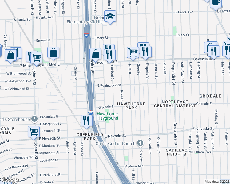 map of restaurants, bars, coffee shops, grocery stores, and more near 18640 Cardoni Street in Detroit
