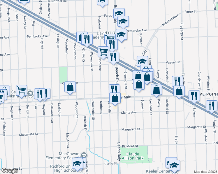 map of restaurants, bars, coffee shops, grocery stores, and more near 19142 Centralia in Redford Charter Township