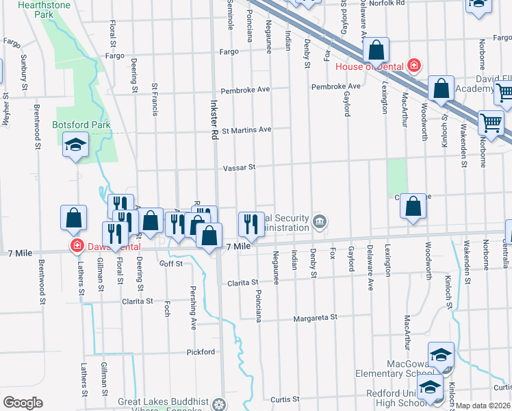 map of restaurants, bars, coffee shops, grocery stores, and more near Poinciana in Redford Charter Township