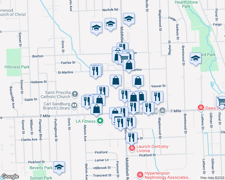 map of restaurants, bars, coffee shops, grocery stores, and more near 29500 West Seven Mile Road in Livonia