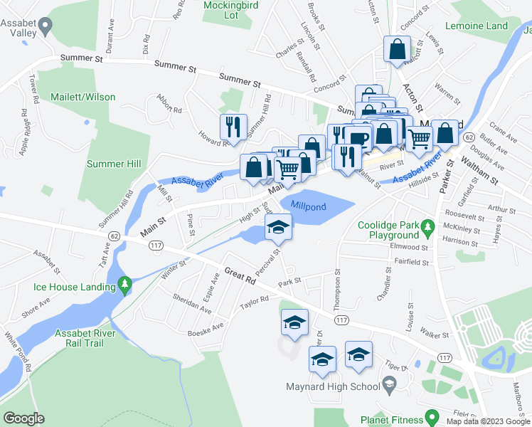 map of restaurants, bars, coffee shops, grocery stores, and more near 2 Sudbury Court in Maynard