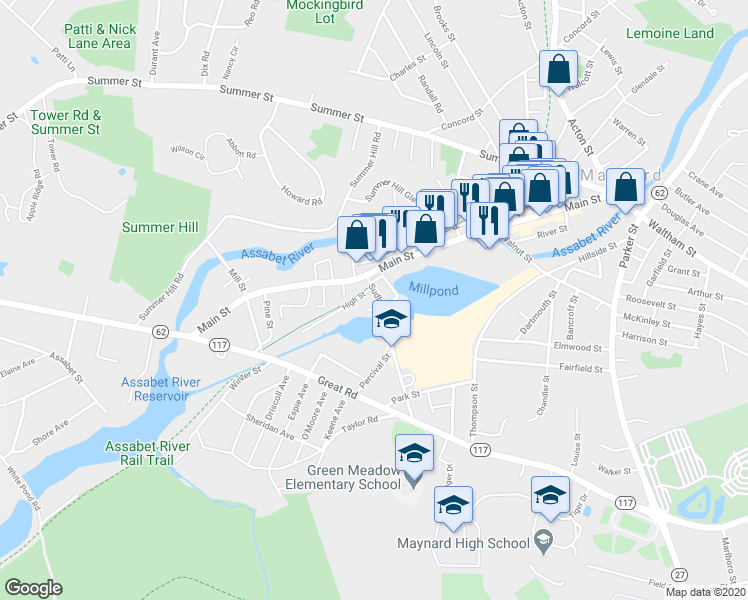 map of restaurants, bars, coffee shops, grocery stores, and more near 3 Sudbury Street in Maynard