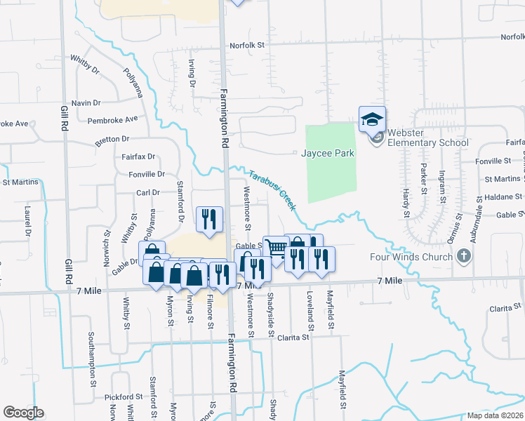 map of restaurants, bars, coffee shops, grocery stores, and more near 19335 Shadyside Street in Livonia