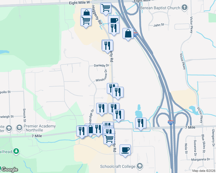 map of restaurants, bars, coffee shops, grocery stores, and more near 39450 Legend Court in Northville