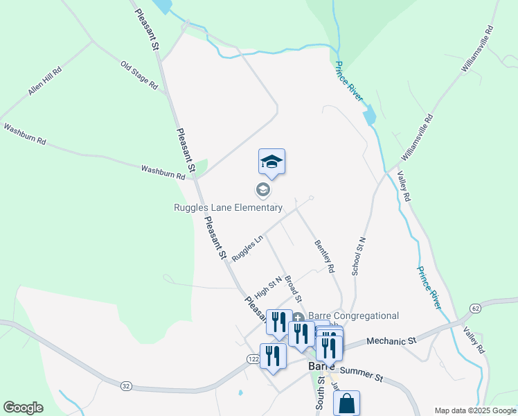 map of restaurants, bars, coffee shops, grocery stores, and more near 105 Ruggles Lane in Barre