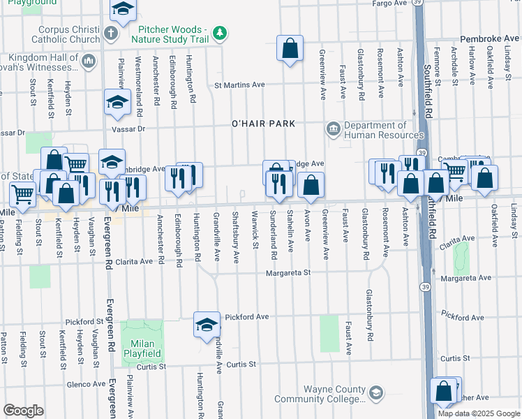 map of restaurants, bars, coffee shops, grocery stores, and more near 18763 Sunderland Road in Detroit