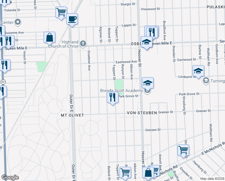 map of restaurants, bars, coffee shops, grocery stores, and more near 18401 Teppert Street in Detroit