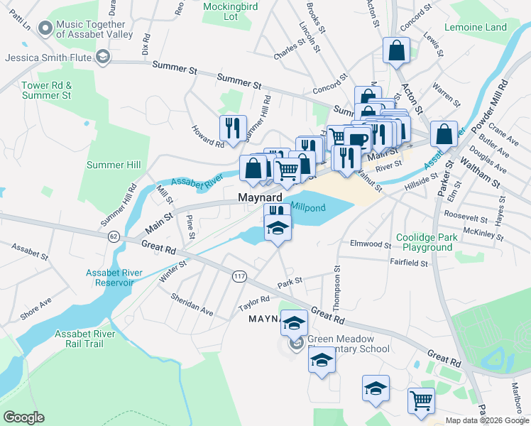 map of restaurants, bars, coffee shops, grocery stores, and more near 2 Sudbury Court in Maynard