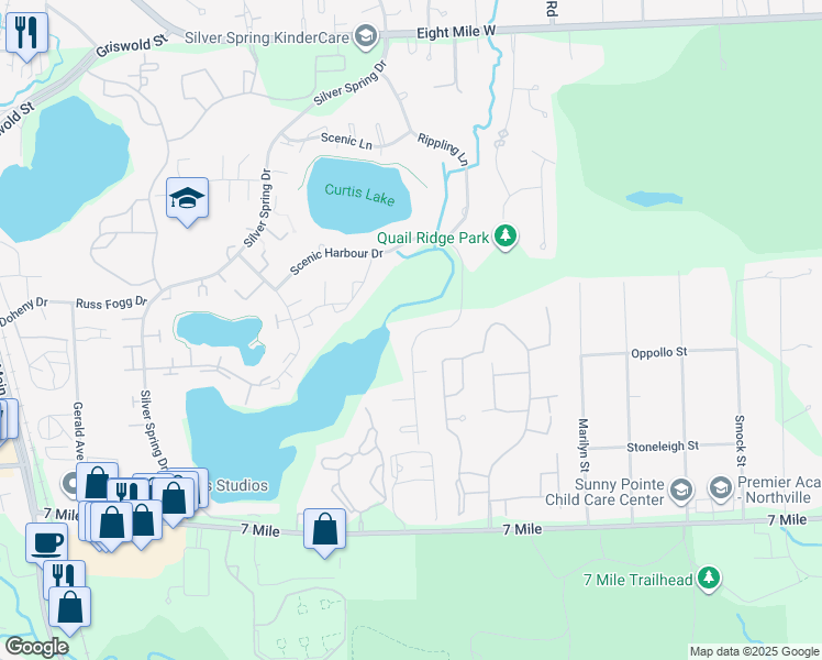 map of restaurants, bars, coffee shops, grocery stores, and more near 19485 Cardene Court in Northville