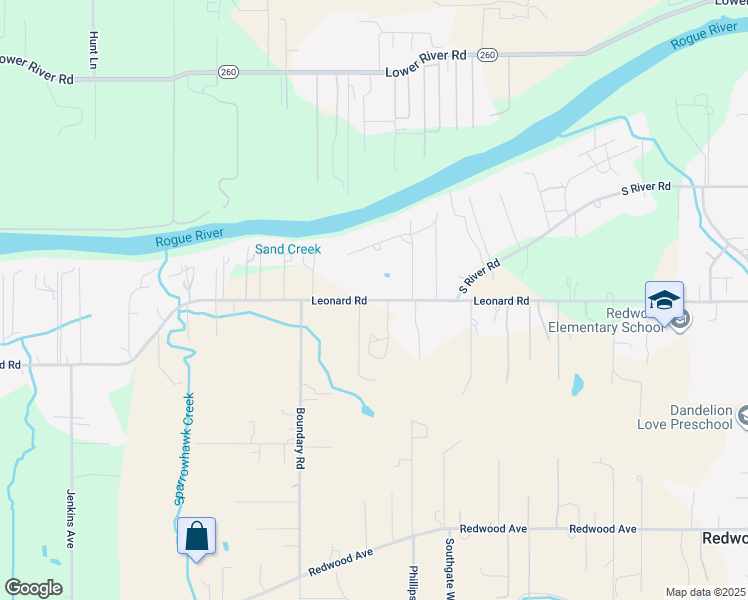 map of restaurants, bars, coffee shops, grocery stores, and more near Leonard Road in Grants Pass