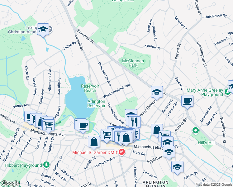 map of restaurants, bars, coffee shops, grocery stores, and more near 22 Crescent Hill Avenue in Arlington