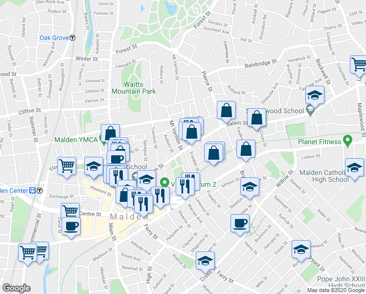 map of restaurants, bars, coffee shops, grocery stores, and more near in Malden