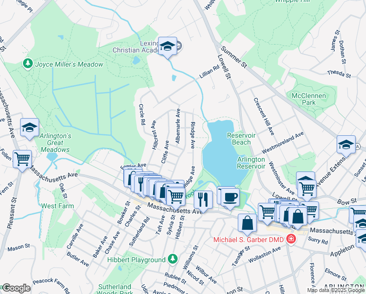 map of restaurants, bars, coffee shops, grocery stores, and more near 63 Bow Street in Lexington