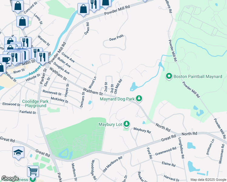 map of restaurants, bars, coffee shops, grocery stores, and more near 115 Waltham Street in Maynard