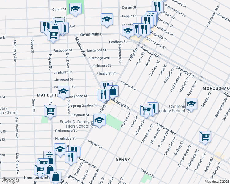 map of restaurants, bars, coffee shops, grocery stores, and more near 12508 Payton Street in Detroit