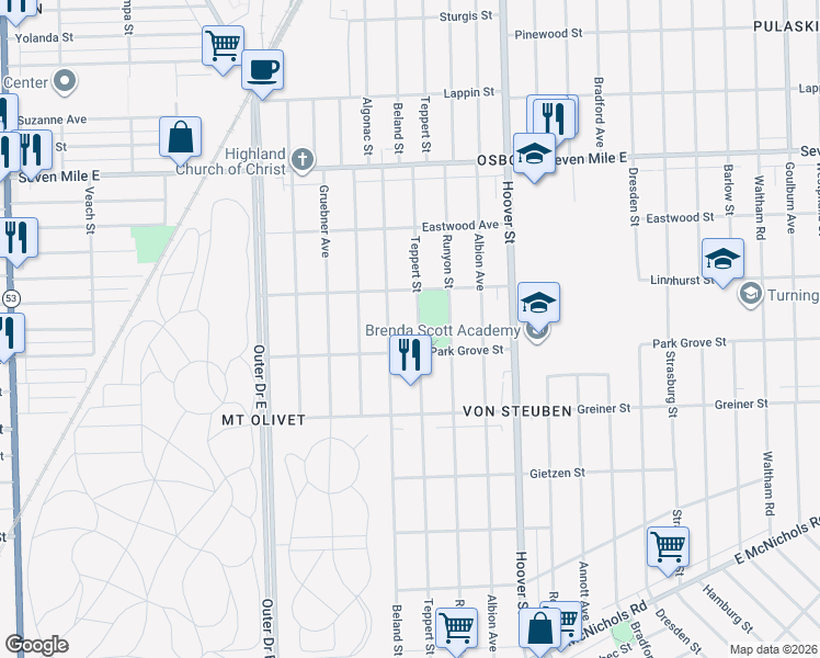 map of restaurants, bars, coffee shops, grocery stores, and more near 18401 Teppert Street in Detroit