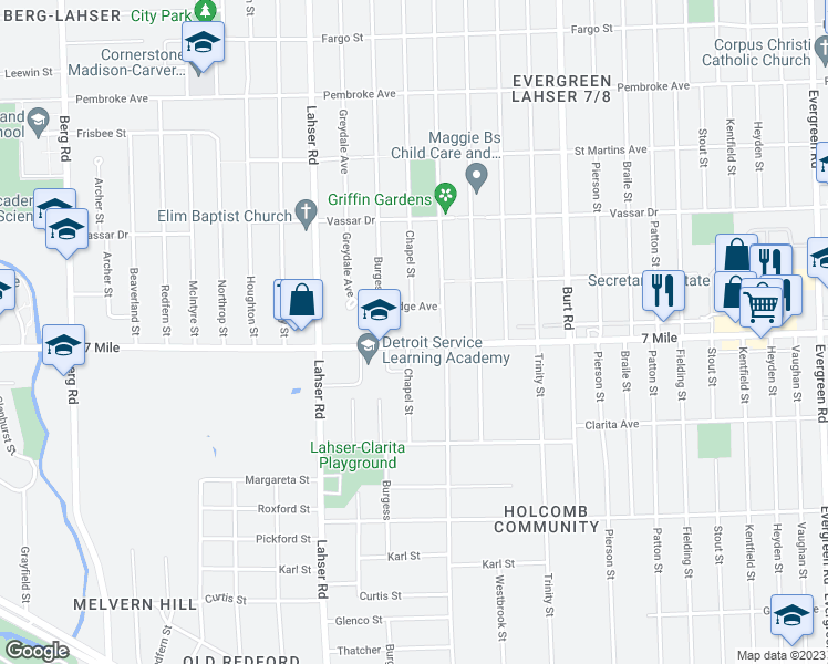 map of restaurants, bars, coffee shops, grocery stores, and more near in Detroit