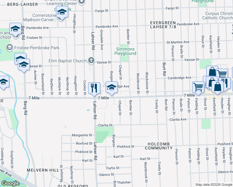 map of restaurants, bars, coffee shops, grocery stores, and more near 21605 West Seven Mile Road in Detroit