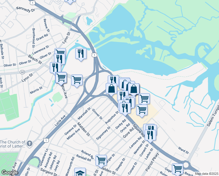 map of restaurants, bars, coffee shops, grocery stores, and more near 653 Squire Road in Revere
