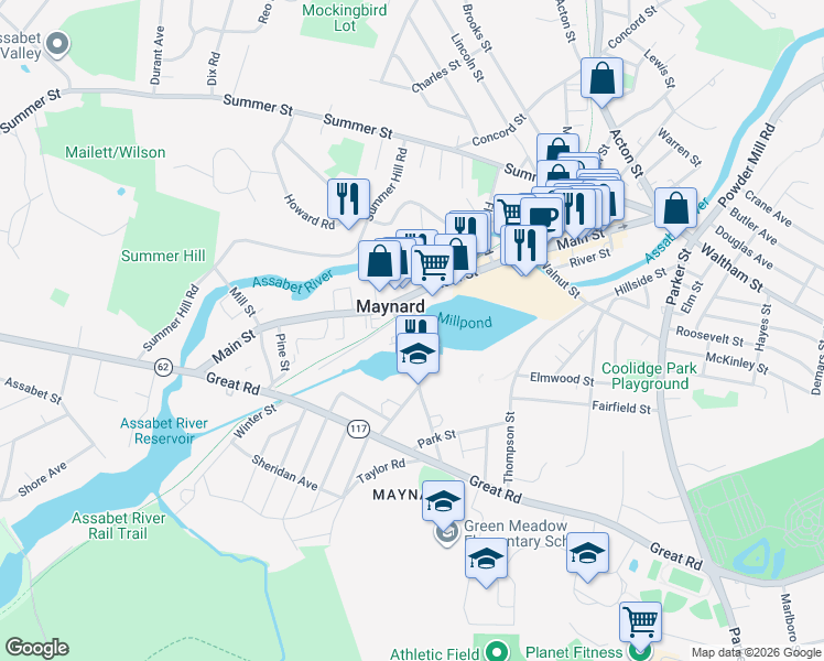 map of restaurants, bars, coffee shops, grocery stores, and more near 2 Sudbury Court in Maynard