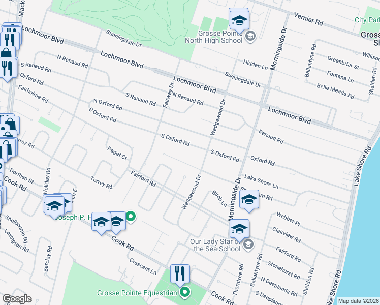 map of restaurants, bars, coffee shops, grocery stores, and more near 826 Shoreham Road in Grosse Pointe Woods