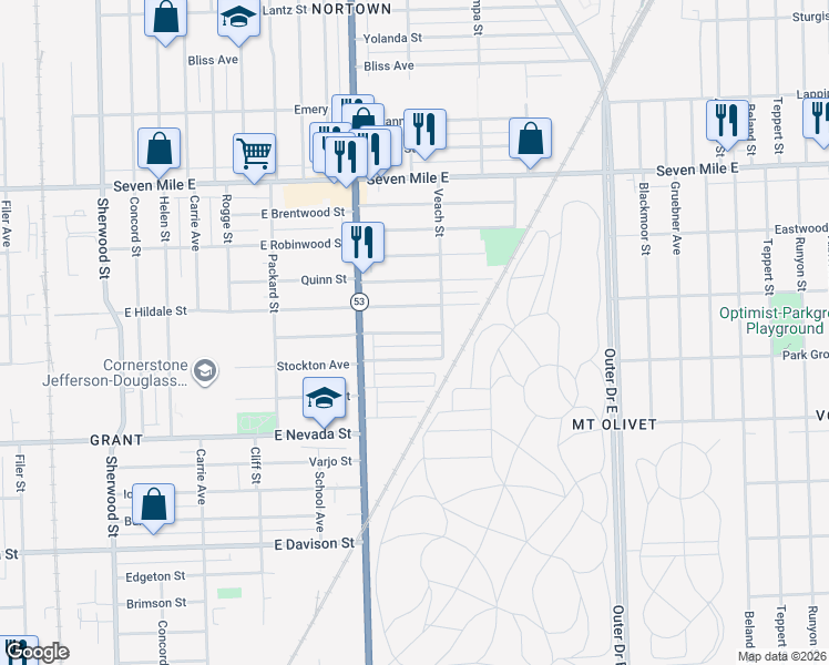 map of restaurants, bars, coffee shops, grocery stores, and more near 8097 Stockton Street in Detroit