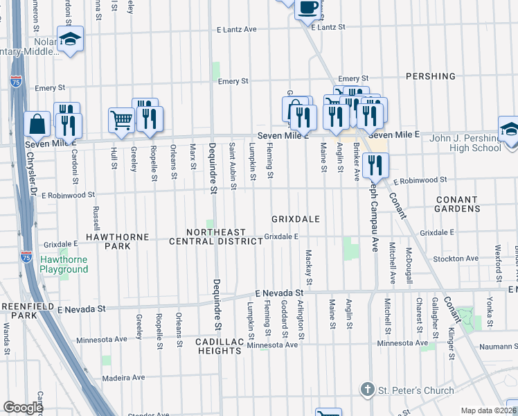 map of restaurants, bars, coffee shops, grocery stores, and more near 18547 Lumpkin Street in Detroit