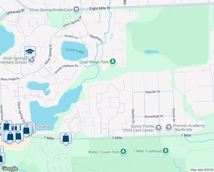 map of restaurants, bars, coffee shops, grocery stores, and more near 19485 Cardene Way in Northville