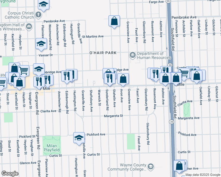 map of restaurants, bars, coffee shops, grocery stores, and more near 18752 Stahelin Avenue in Detroit