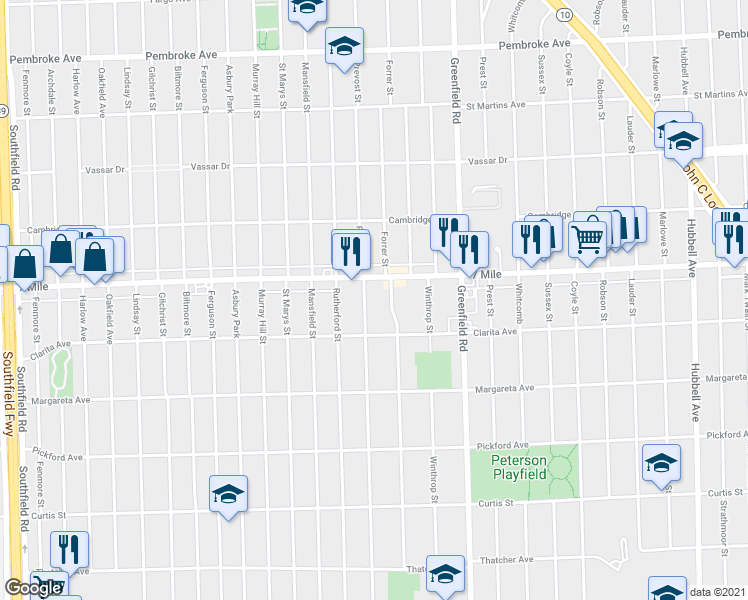 map of restaurants, bars, coffee shops, grocery stores, and more near 18976 Prevost Street in Detroit