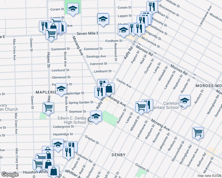 map of restaurants, bars, coffee shops, grocery stores, and more near 12508 Payton Street in Detroit