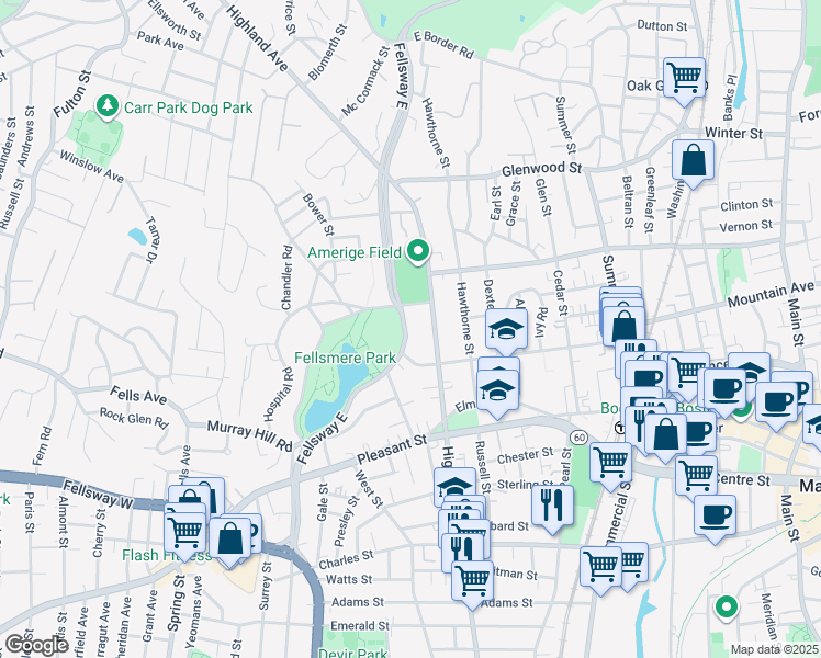 map of restaurants, bars, coffee shops, grocery stores, and more near 269 Fellsway East in Malden