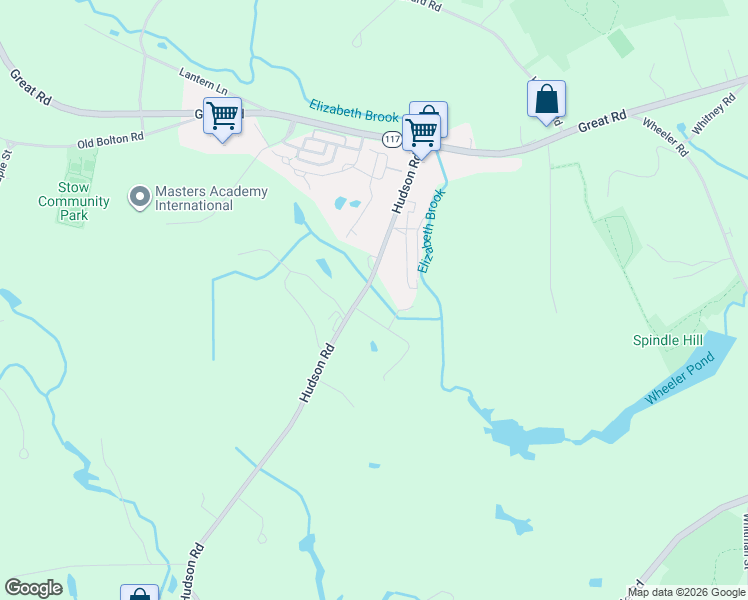 map of restaurants, bars, coffee shops, grocery stores, and more near 68 Hudson Road in Stow