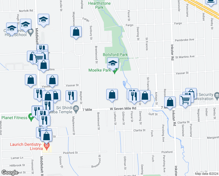 map of restaurants, bars, coffee shops, grocery stores, and more near 19323 Lathers Street in Livonia