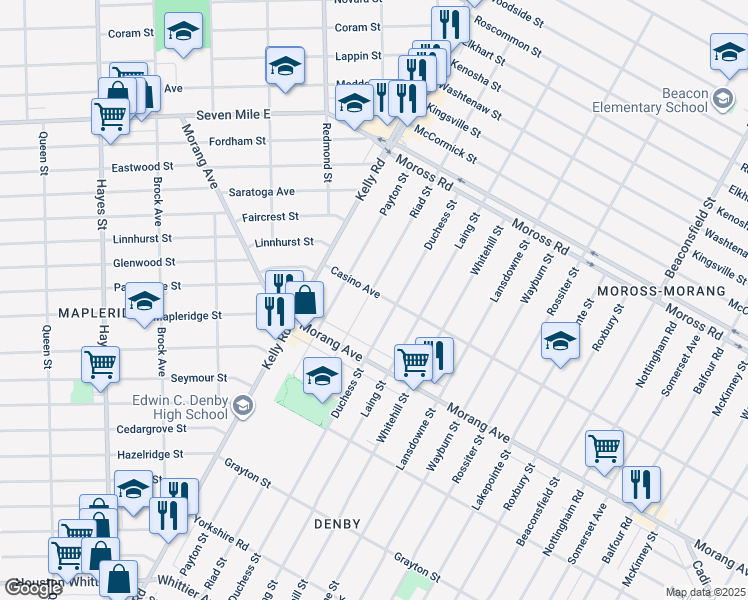 map of restaurants, bars, coffee shops, grocery stores, and more near 12520 Riad Street in Detroit