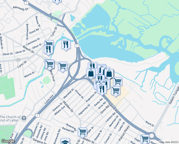 map of restaurants, bars, coffee shops, grocery stores, and more near 653 Squire Road in Revere