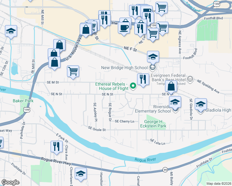 map of restaurants, bars, coffee shops, grocery stores, and more near 1011 Southeast Rogue Drive in Grants Pass