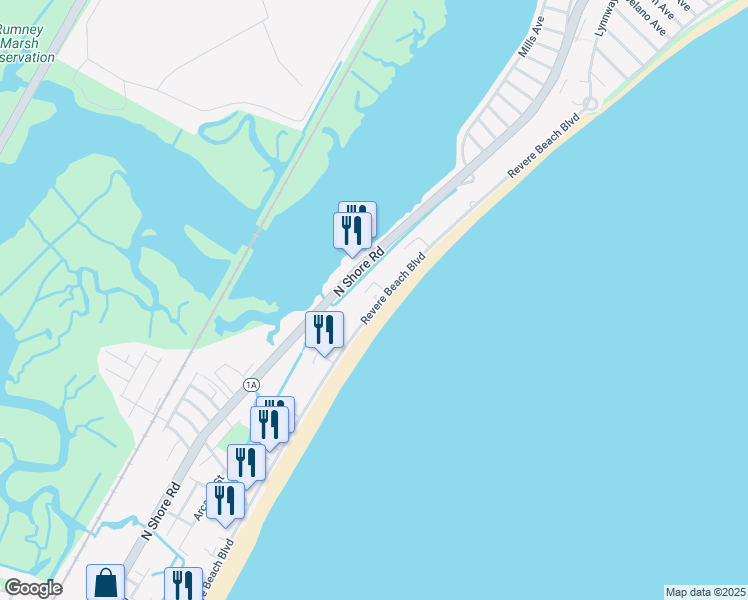 map of restaurants, bars, coffee shops, grocery stores, and more near 41 Revere Beach Boulevard in Revere