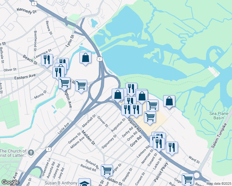 map of restaurants, bars, coffee shops, grocery stores, and more near 407 Massachusetts 60 in Revere