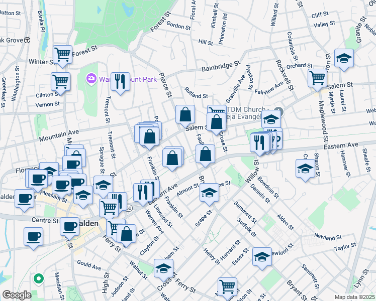 map of restaurants, bars, coffee shops, grocery stores, and more near 36 Norwood Street in Malden