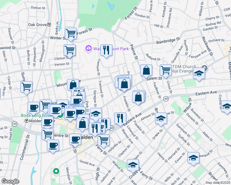 map of restaurants, bars, coffee shops, grocery stores, and more near 134 Salem Street in Malden