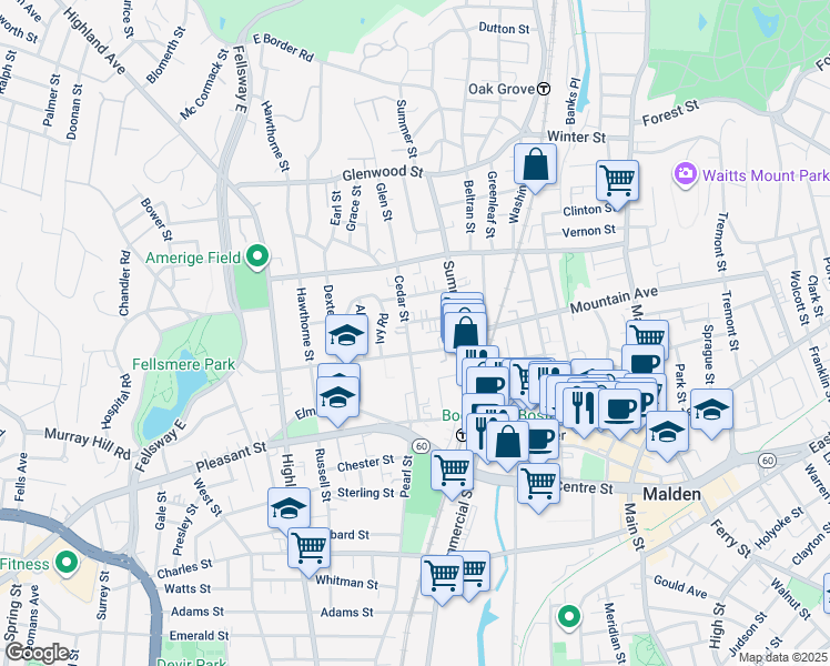 map of restaurants, bars, coffee shops, grocery stores, and more near 64 Maple Street in Malden