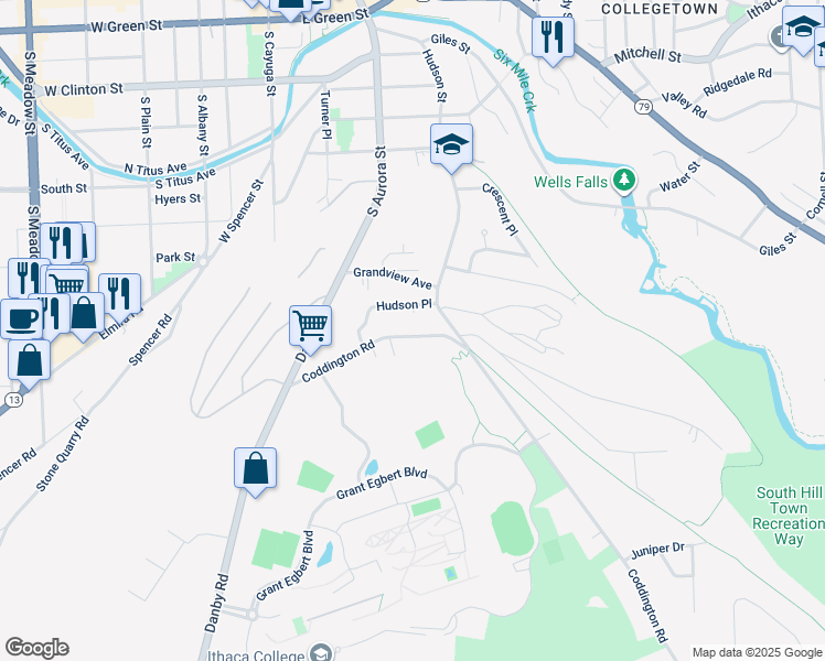 map of restaurants, bars, coffee shops, grocery stores, and more near 134 Coddington Road in Ithaca