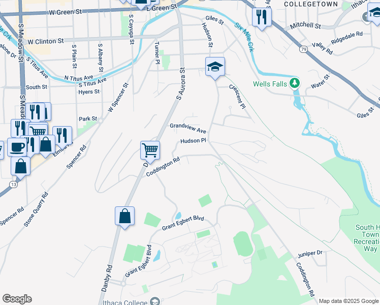 map of restaurants, bars, coffee shops, grocery stores, and more near 134 Coddington Road in Ithaca