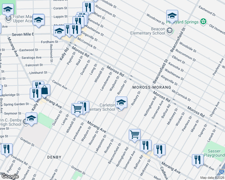 map of restaurants, bars, coffee shops, grocery stores, and more near 12007 Rossiter Street in Detroit