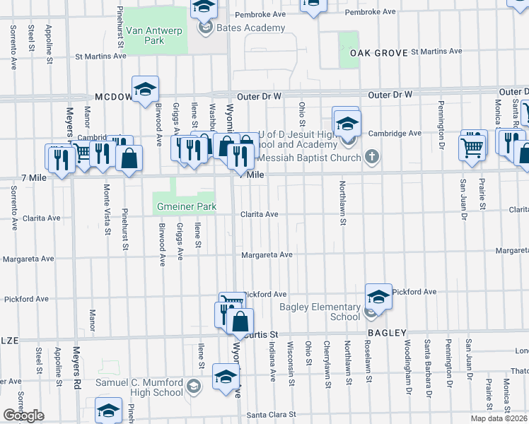 map of restaurants, bars, coffee shops, grocery stores, and more near 18680 Indiana Street in Detroit