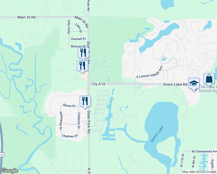 map of restaurants, bars, coffee shops, grocery stores, and more near 28600 West Grass Lake Road in Spring Grove