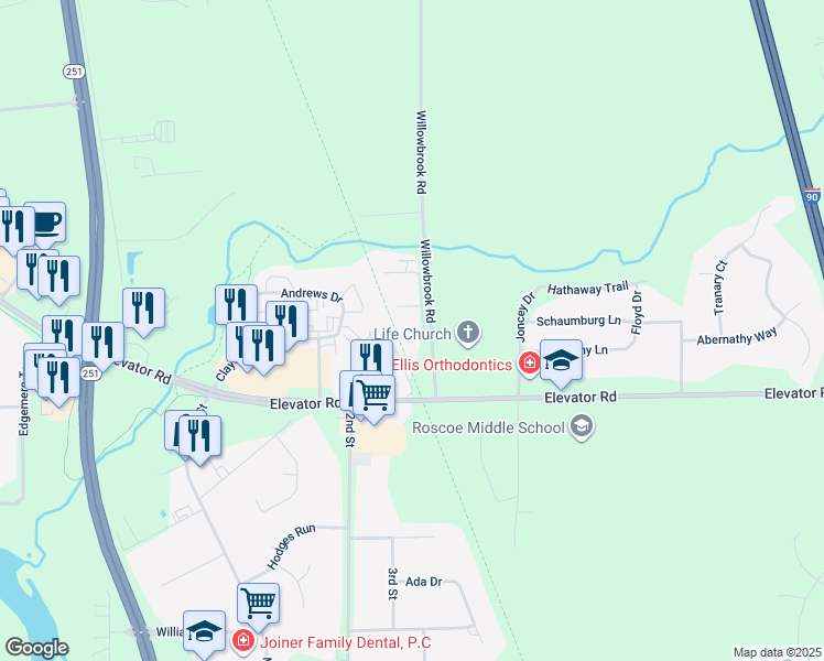 map of restaurants, bars, coffee shops, grocery stores, and more near 11618 Willowbrook Road in Roscoe